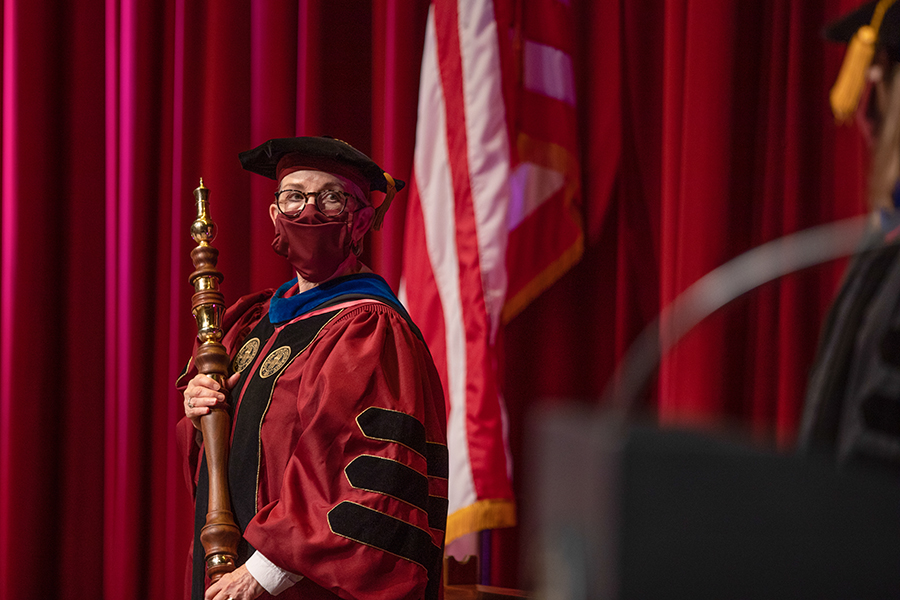 Susan Fiorito, dean of the Jim Moran College of Entrepreneurship, participates in Florida State University's virtual summer commencement ceremony, which was streamed online Friday, July 31, 2020. (FSU Photography Services)
