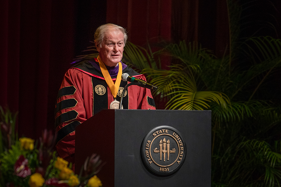 President John Thrasher addresses graduates during Florida State University's virtual summer commencement ceremony, which was streamed online Friday, July 31, 2020. (FSU Photography Services)