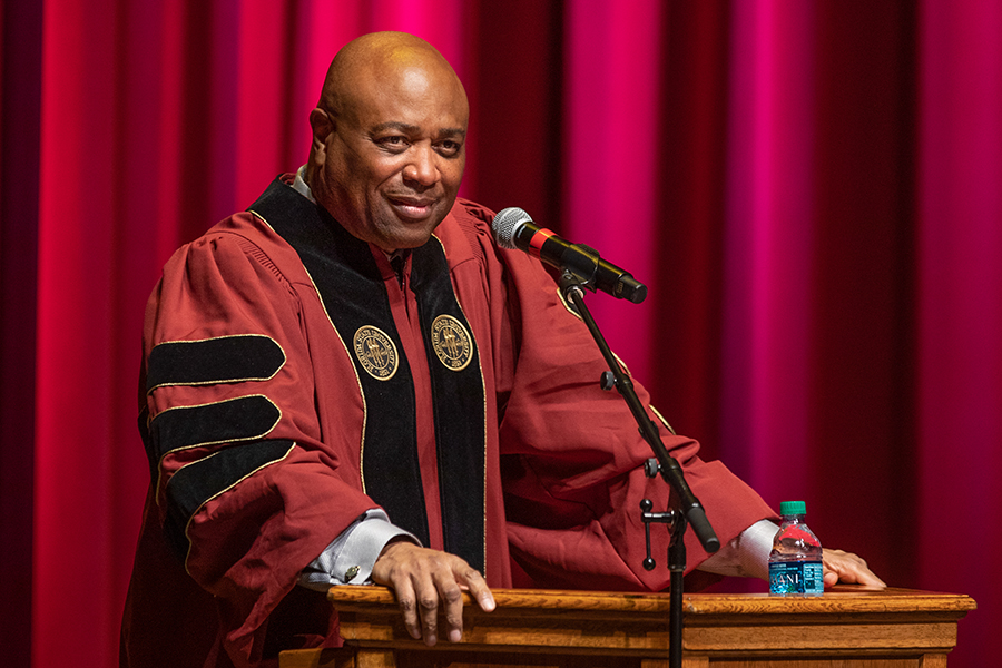 FSU men's basketball coach Leonard Hamilton addresses graduates during Florida State University's virtual summer commencement ceremony, which was streamed online Friday, July 31, 2020. (FSU Photography Services)