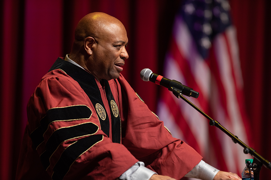 FSU men's basketball coach Leonard Hamilton addresses graduates during Florida State University's virtual summer commencement ceremony, which was streamed online Friday, July 31, 2020. (FSU Photography Services)