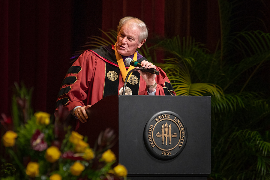 President John Thrasher addresses graduates during Florida State University's virtual summer commencement ceremony, which was streamed online Friday, July 31, 2020. (FSU Photography Services)
