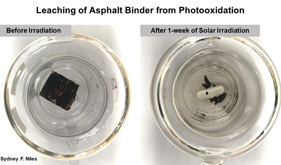 Photos of asphalt binder before and after being exposed to water and a solar simulator for a week. Credit: Sydney Niles