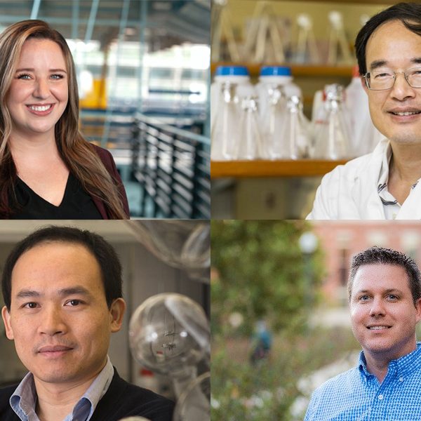 Clockwise from upper left: Rebekah Sweat, an assistant professor in the Department of Industrial and Manufacturing Engineering; Zucai Suo, a professor in the Department of Biomedical Sciences; David Meckes, an associate professor in the Department of Biomedical Sciences; and Biwu Ma, an associate professor in the Department of Chemistry and Biochemistry. They earned funding from Florida State University's Spring 2020 GAP program to transform their research into potential commercial products.