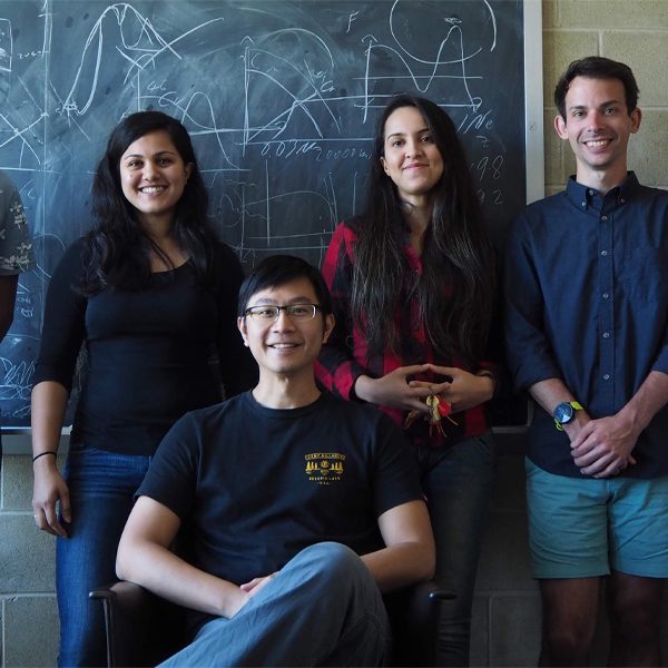 Assistant Professor of Physics Eric Hsiao, seated, with researchers, from left, Chris Ashall, Sahana Kumar, Melissa Shahbandeh, Scott Davis and Jing Lu. Courtesy of Eric Hsiao