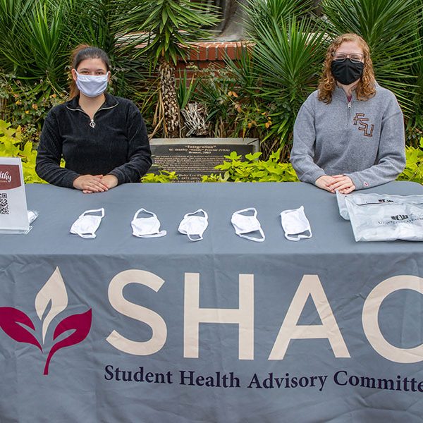 Students Jordyn Kohn (L) and Morgan Barnes (R) are part of the Stay Healthy Ambassador Program (SHAP), which trains student and staff volunteers to promote healthy behaviors in the campus community. (FSU Photography Services)