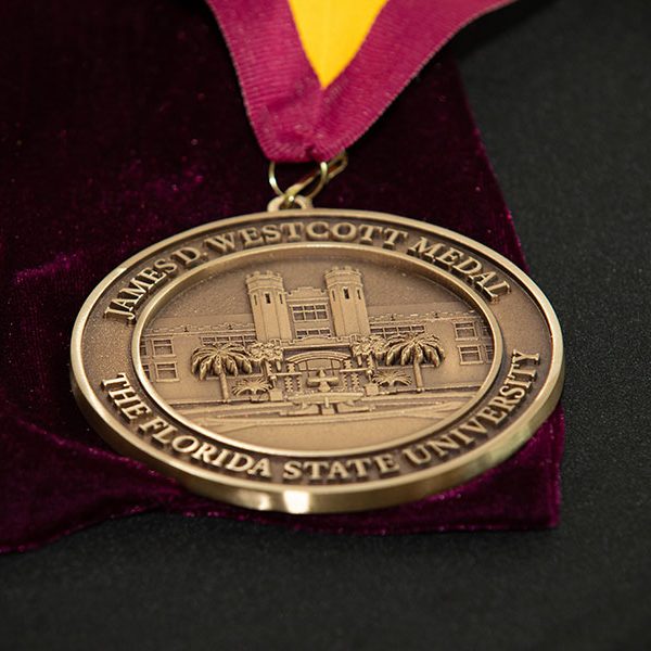 The James D. Westcott Distinguished Service Medal recognizes a “person whose distinguished service merits exceptional recognition and whose life and work exemplifies the Vires, Artes and Mores, which the university seeks to nurture in its students.”