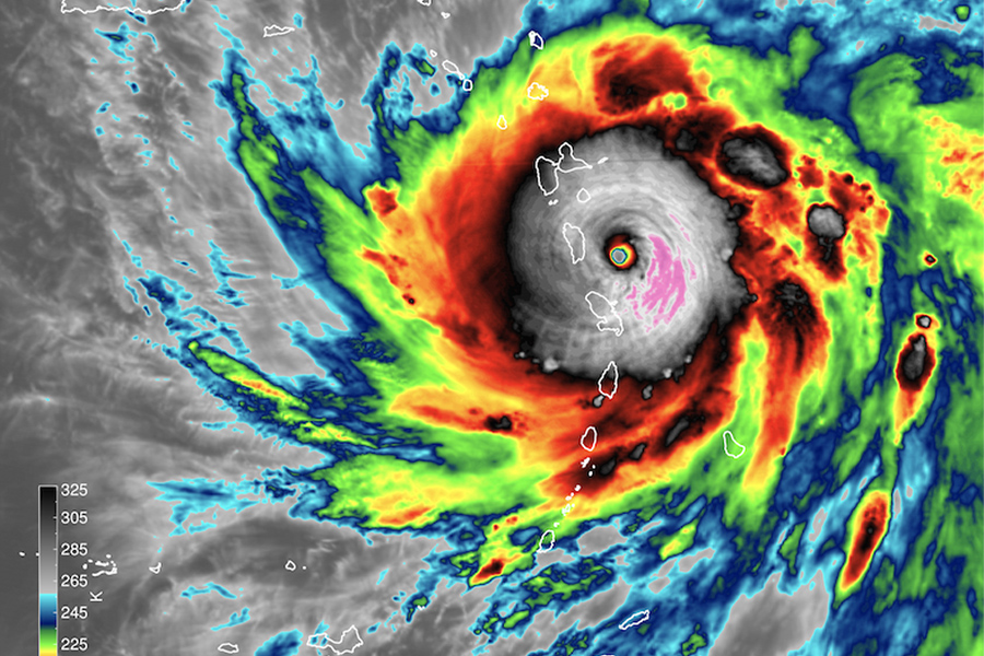 A satellite image captured with the GOES-16 satellite showing the cold cloud tops of Hurricane Maria on Sept. 18, 2017, ahead of landfall in Dominica. (Courtesy of James H. Ruppert, Jr./Penn State)