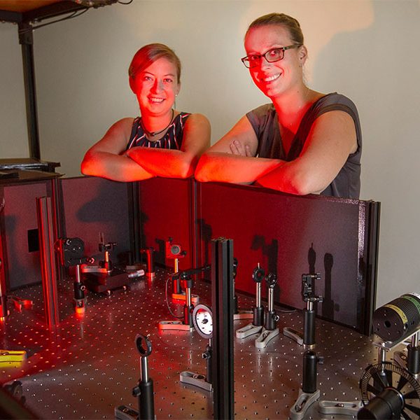 Former Florida State University postdoctoral researcher Sarah Wieghold, left, and FSU Assistant Professor of Chemistry and Biochemistry Lea Nienhaus. Their research is helping to understand the fundamental processes in a material known as perovskites, work that could lead to more efficient solar cells that also do a better job of resisting degradation. (FSU Photography Services)