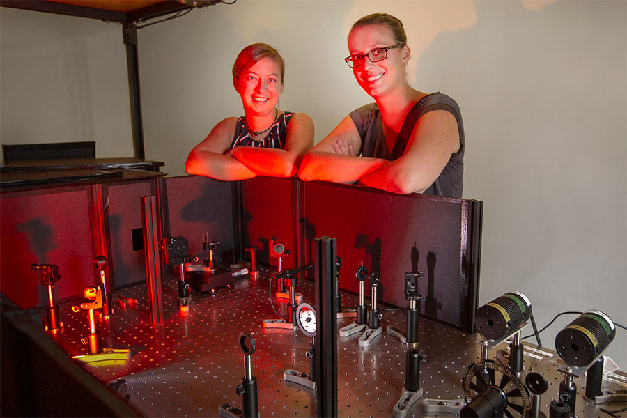 Former Florida State University postdoctoral researcher Sarah Wieghold, left, and FSU Assistant Professor of Chemistry and Biochemistry Lea Nienhaus. Their research is helping to understand the fundamental processes in a material known as perovskites, work that could lead to more efficient solar cells that also do a better job of resisting degradation. (FSU Photography Services)