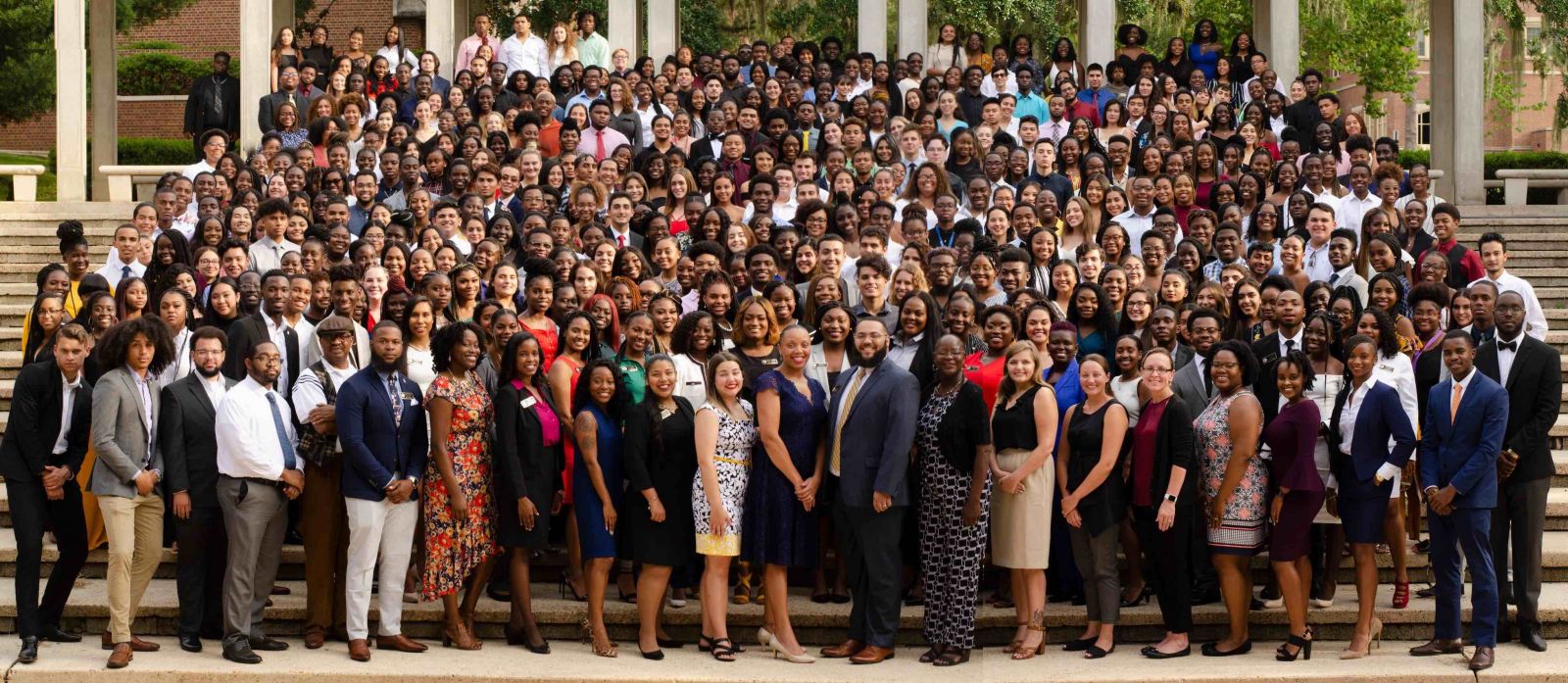 Offerings like the CARE Summer Bridge program can help ease the transition to class and college life. The 2019 class, pictured here, included more than 400 first-generation college students.