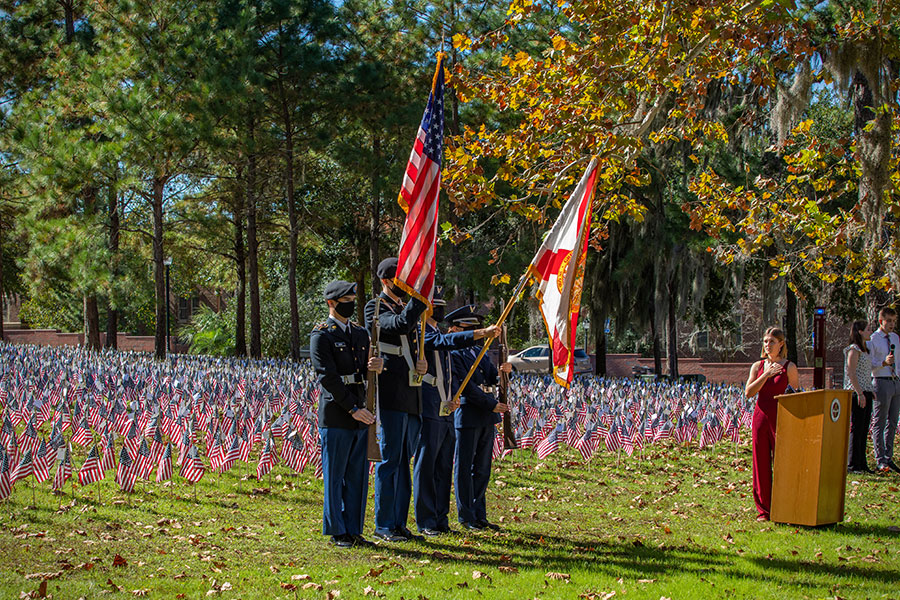 The second Fallen Heroes Ceremony was held at FSU on Nov. 16, 2020, honoring the 6,973 U.S. service members killed in action since Sept. 11, 2001. Each service member is represented by an American flag with their name, picture and home state. (FSU Photography Services)