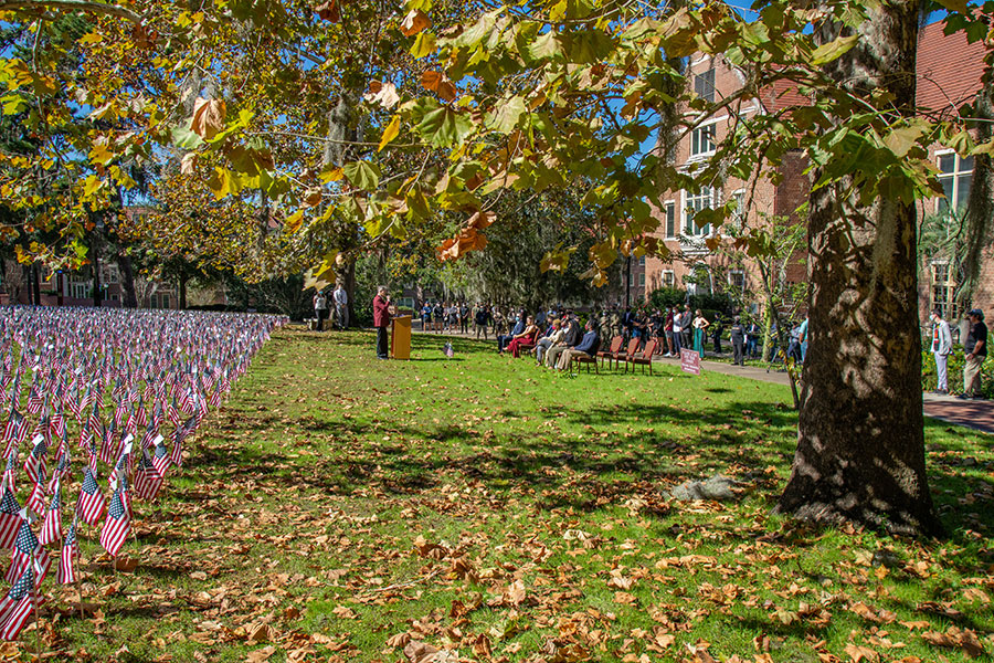 The second Fallen Heroes Ceremony was held at FSU's Mina Jo Powell Green on Nov. 16, 2020. The ceremony honored the 6,973 U.S. service members killed in action since Sept. 11, 2001. Each service member is represented by an American flag with their name, picture and home state. (FSU Photography Services)