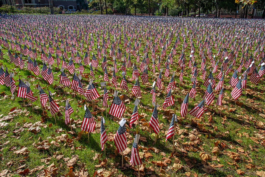 The second Fallen Heroes Ceremony was held at FSU's Mina Jo Powell Green on Nov. 16, 2020. The ceremony honored the 6,973 U.S. service members killed in action since Sept. 11, 2001. Each service member is represented by an American flag with their name, picture and home state. (FSU Photography Services)