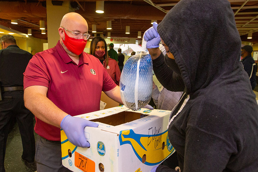 Students from Florida State University and Florida A&M University partnered with the Leon County Sheriff’s Office to pack boxes with a full Thanksgiving meal for Tallahassee residents in need this year. (FSU Photography Services/Bruce Palmer)