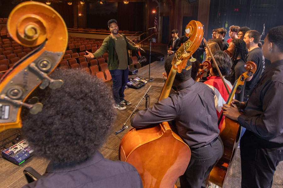 'Black Violin' interacts with local high school musicians through an FSU Opening Nights education outreach event Feb. 13, 2020. (FSU Photographer Services)