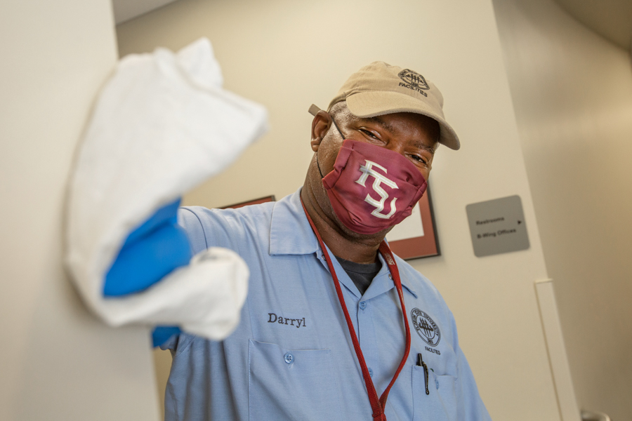 FSU Facilities staff spend extra time disinfecting and cleaning campus buildings during the COVID-19 pandemic of 2020. (FSU Photography Services)