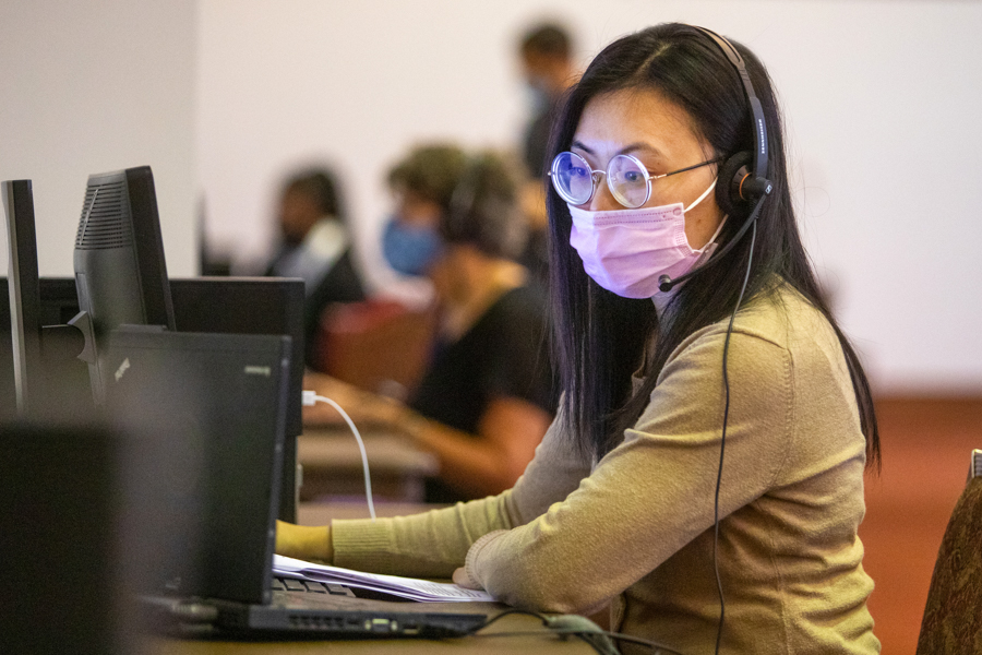 Yen Lam works in the SAFER call center assisting in contract tracing for COVID-19 cases during the Fall 2020 semester. (FSU Photography Services)