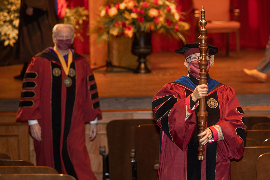 President John Thrasher and Susan Fiorito, dean of the Jim Moran College of Entrepreneurship, lead the procession into fall virtual commencement, which was webcast Friday, Dec. 11, 2020. (FSU Photography Services)