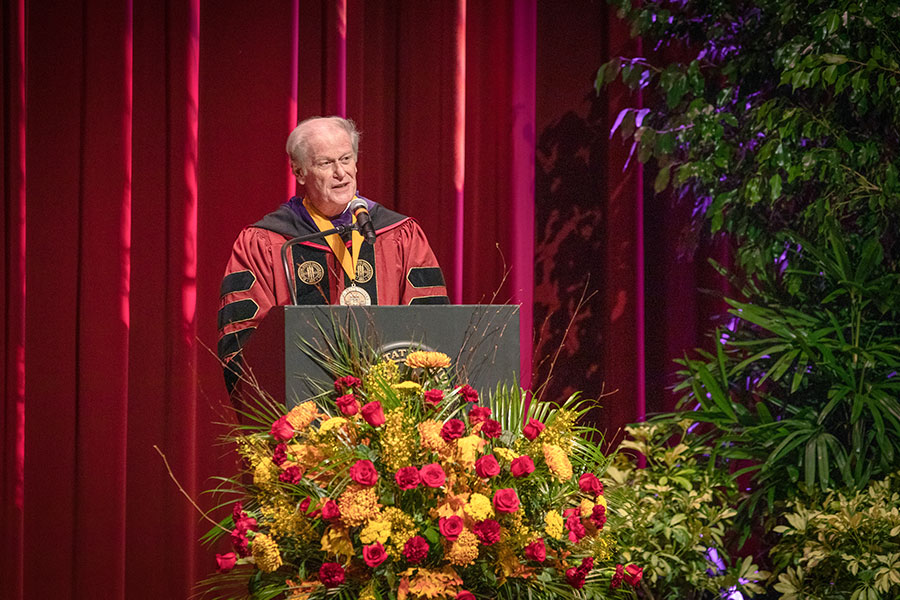 President John Thrasher addresses graduates during fall virtual commencement, which was webcast Friday, Dec. 11, 2020. (FSU Photography Services)