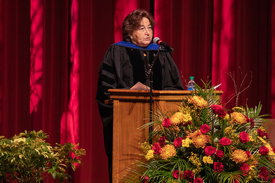 Professor of Meteorology Sharon Nicholson, 2020-2021 Robert O. Lawton Distinguished Professor, delivers the keynote address to graduates during fall virtual commencement, which was webcast Friday, Dec. 11, 2020. (FSU Photography Services)