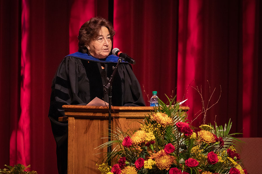 Professor of Meteorology Sharon Nicholson, 2020-2021 Robert O. Lawton Distinguished Professor, delivers the keynote address to graduates during fall virtual commencement, which was webcast Friday, Dec. 11, 2020. (FSU Photography Services)
