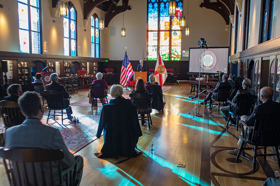 President John Thrasher delivered the address to the Faculty Senate Wednesday, Dec. 2, before a small, socially distanced audience at the Heritage Museum in Dodd Hall. (Bill Lax/FSU Photography Services)