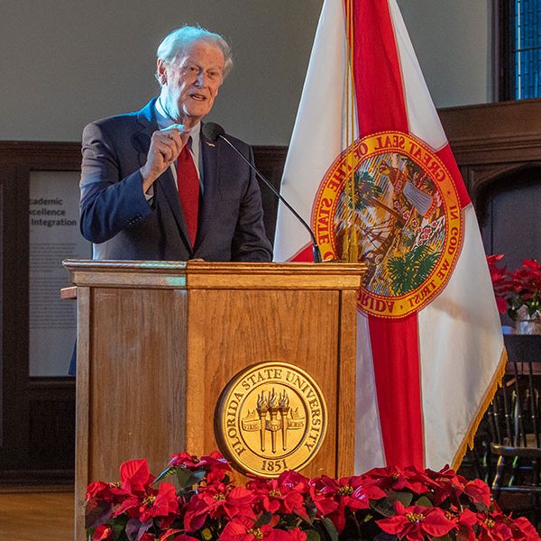 President John Thrasher delivered his sixth State of the University address to the Faculty Senate Wednesday, Dec. 2, 2020, at the Heritage Museum in Dodd Hall. (Bill Lax/FSU Photography Services)