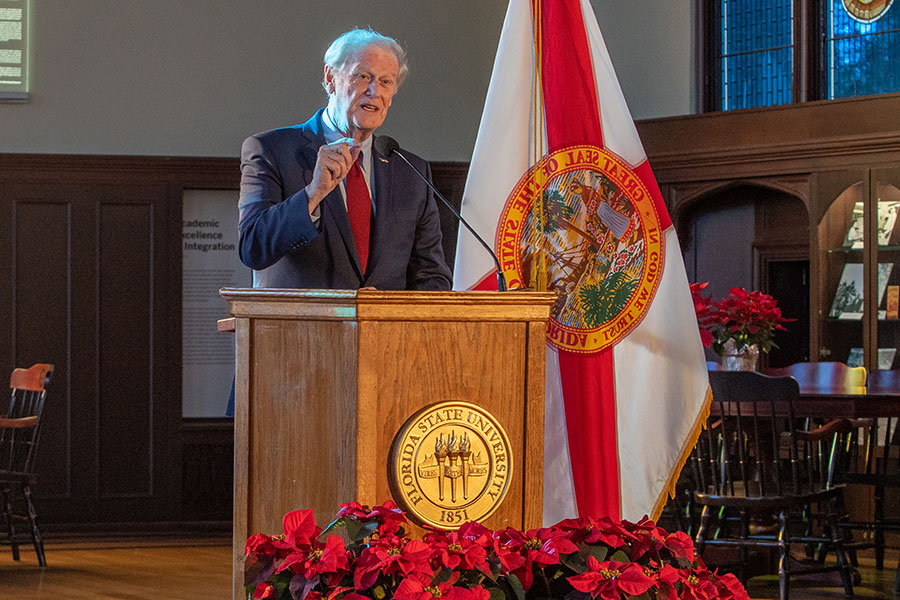 President John Thrasher delivered his sixth State of the University address to the Faculty Senate Wednesday, Dec. 2, 2020, at the Heritage Museum in Dodd Hall. (Bill Lax/FSU Photography Services)