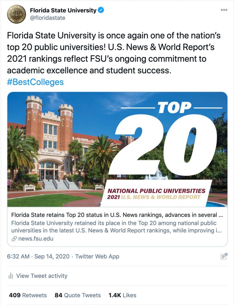 Florida State University is once again one of the nation's top 20 public universities!