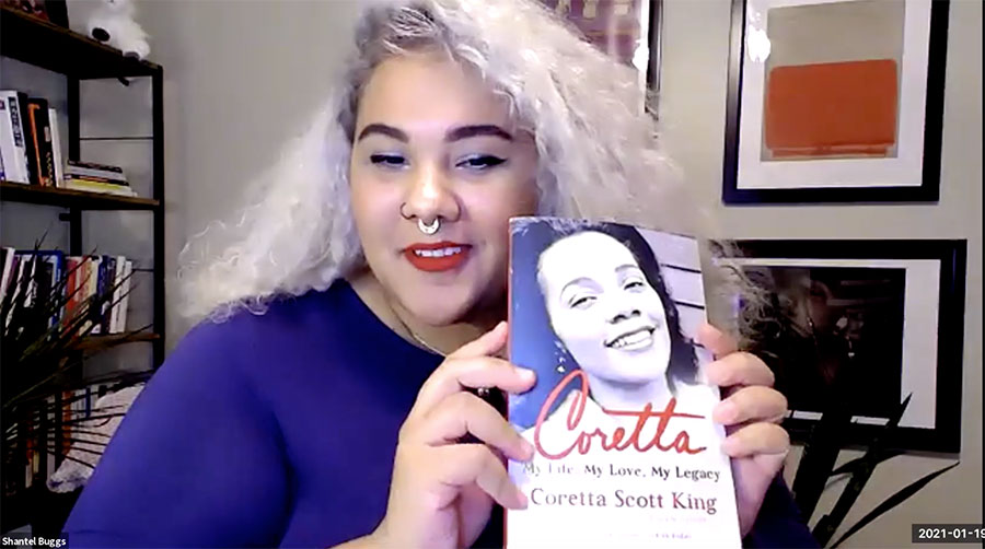 Assistant Professor Shantel Buggs from the College of Social Sciences and Public Policy facilitated the conversation with Reynolds, which highlighted Scott King’s contributions to the civil rights movement. (The Center for Leadership & Social Change)