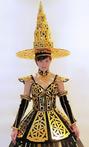 Architecture – Glistening Gothic Tracery (closeup bodice), black and gold mirror acrylic sheet, black velvet, tubing, and metal hooping (2020). Costume Designer: Colleen Muscha; Patternmaker/Construction: Colleen Muscha and Christina Marullo.