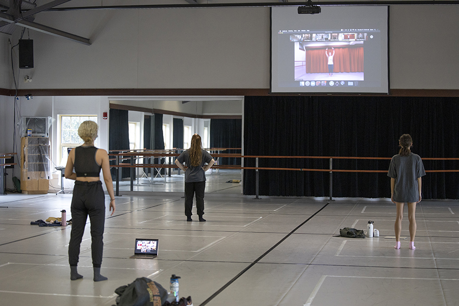 Students who did not have space in their living quarters use studio space for "Reverse Zoom" classes.