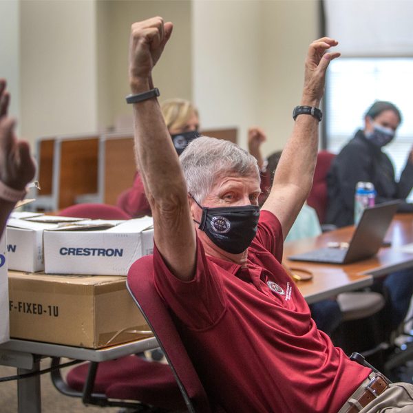 Florida State University College of Medicine Dean John P. Fogarty celebrates during the college's 2021 Match Day virtual event. (FSU Photography Services/Bruce Palmer)