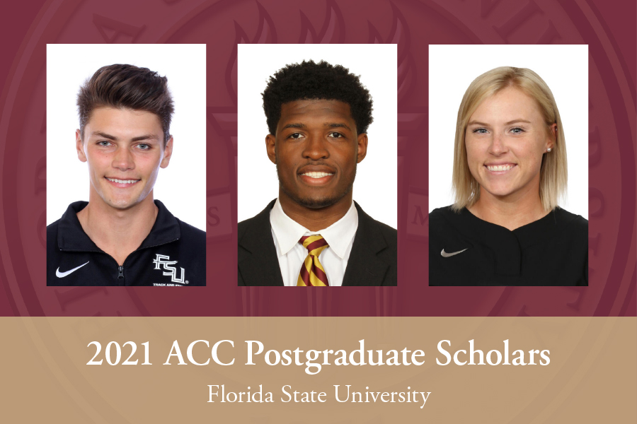 (From L to R) Four-time ACC hurdles champion Trey Cunningham, football defensive end Joshua Kaindoh and softball outfielder Dani Morgan