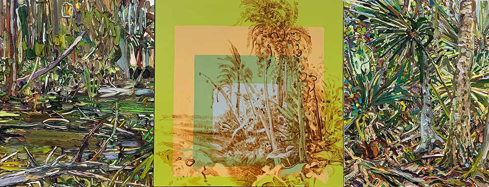 “Hyphenated Nature: Northern Florida-Cuba Painting Relations (after Carta).” 30” x 78,” oil on canvas (left & right) & acrylic with Cuban dirt pigment on canvas (middle) 2020.