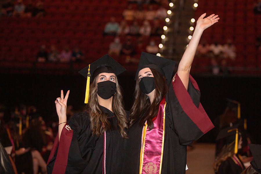 Graduates celebrate FSU's first in-person commencement ceremony since December 2019 on Saturday, April 17, 2021, at the Donald L. Tucker Civic Center. (FSU Photography Services)