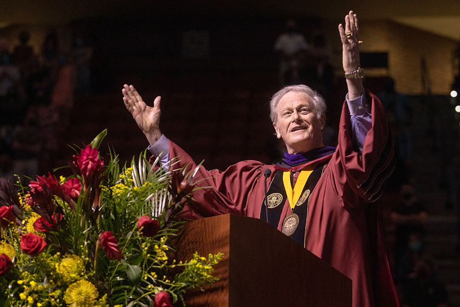 President John Thrasher welcomes graduates and their guests to spring commencement Saturday, April 17, 2021, at the Donald L. Tucker Civic Center. (FSU Photography Services)