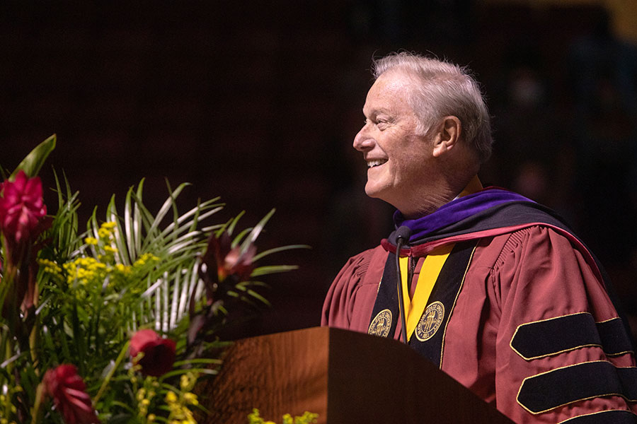 President John Thrasher delivers the commencement address to spring graduates Saturday, April 17, 2021, at the Donald L. Tucker Civic Center. (FSU Photography Services)