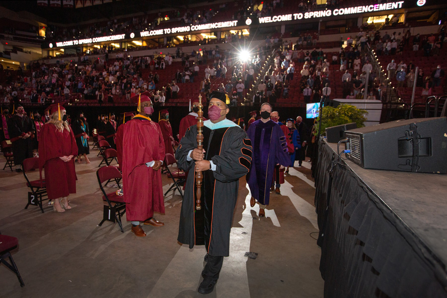 Assistant Vice President for Academic Affairs Jay Terry leads the processional during FSU Spring Commencement Friday, April 23, 2021. (FSU Photography Services)