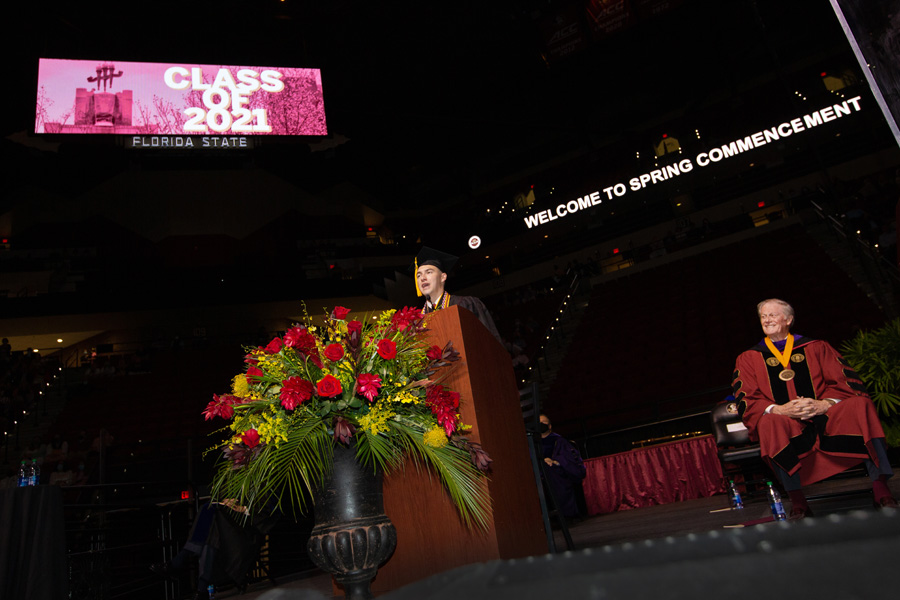 President JSGA President Jonathan Levin addresses graduates at FSU Spring Commencement Friday, April 23, 2021. (FSU Photography Services)ohn Thrasher welcomes graduates and their guests to FSU Spring Commencement Friday, April 23, 2021. (FSU Photography Services)