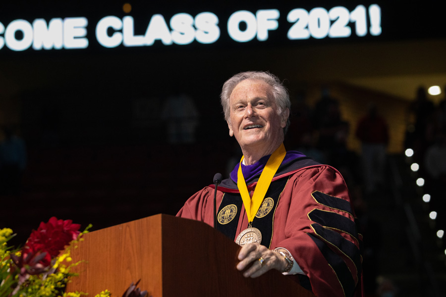 President John Thrasher delivers the commencement address during FSU Spring Commencement Friday, April 23, 2021. (FSU Photography Services)