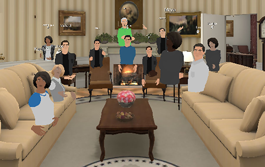 The EngageVR platform offers different virtual settings and experiences, such as sailing a ship off the coast of Africa or exploring the grasslands of central Florida. In this photo, the class stopped by the Oval Office for a group photo of their avatars. (Andy Opel)