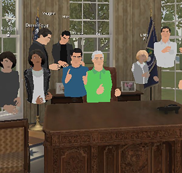 Students in Professor Andy Opel's Immersive Media Production class were issued Oculus Quest 2 headsets this semester and used virtual reality (VR) to to simulate a classroom space. Using the EngageVR platform, students were able to create virtual avatars and travel to different VR environments, like the Oval Office. (Andy Opel)