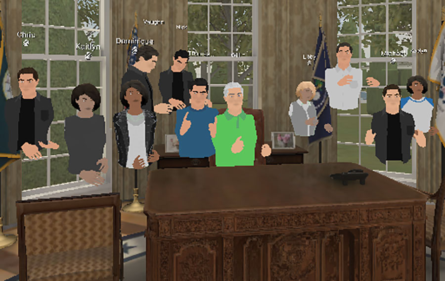 Students in Professor Andy Opel's Immersive Media Production class were issued Oculus Quest 2 headsets this semester and used virtual reality (VR) to to simulate a classroom space. Using the EngageVR platform, students were able to create virtual avatars and travel to different VR environments, like the Oval Office. (Andy Opel)