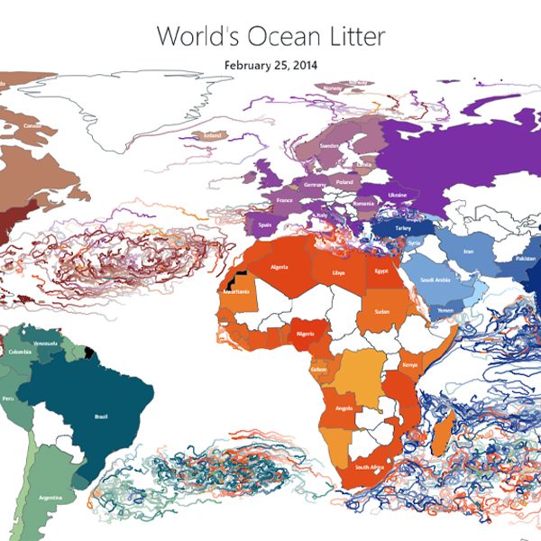 A screenshot from a virtual tool developed by the Center for Ocean-Atmospheric Prediction Studies to track marine litter. The colored lines show the path of debris in the ocean. from a virtual tool developed by the Center for Ocean-Atmospheric Prediction Studies to track marine litter.