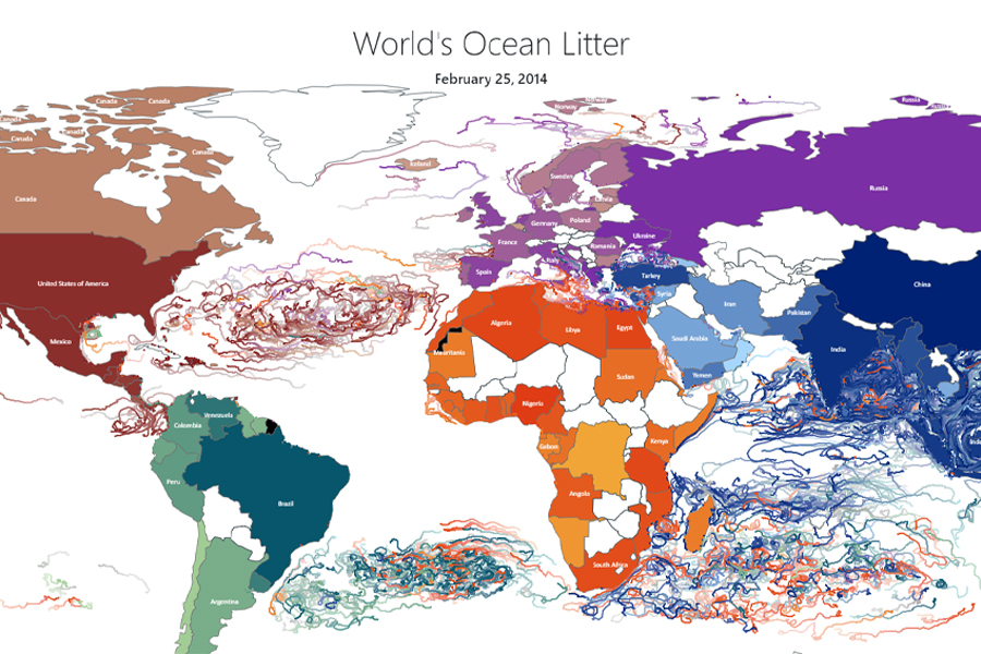 A screenshot from a virtual tool developed by the Center for Ocean-Atmospheric Prediction Studies to track marine litter. The colored lines show the path of debris in the ocean. from a virtual tool developed by the Center for Ocean-Atmospheric Prediction Studies to track marine litter.