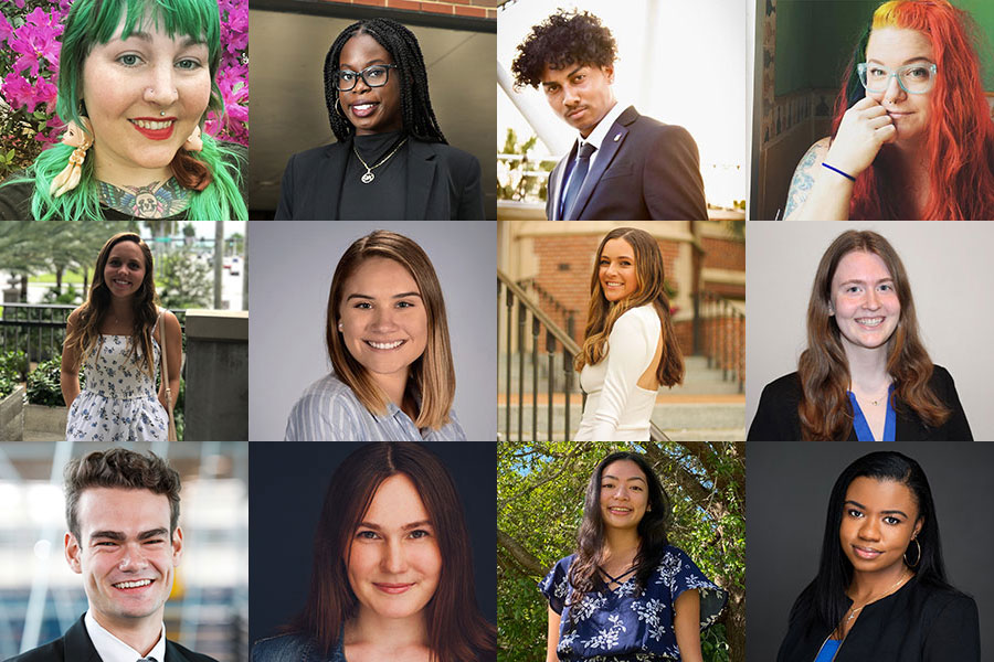 The 2021 Humanitarian of the Year Award nominees. Top row, left to right: Taylor Biro, Jordan Fleurigene, Jordan Chung and Audrey Guoan. Middle row, left to right: Sofia Higgins, Jaya Smith, Marjorie “Maggie” Fitzsimmons and Kayla Pfeffer. Bottom row, left to right: Charles Brenner, Elizabeth “Beth” Slade, Micah Castillo and Alana Rigby. (The Center for Leadership & Social Change)