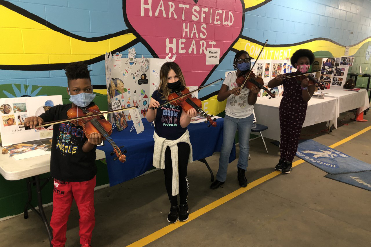 Hartsfield Elementary violin students inspired by Black Violin’s virtual concert performed a surprise show for classmates. Hartsfield is one of the 22 Title I schools that participated in the Opening Nights in Class free program to inspire students and help build their self-confidence.