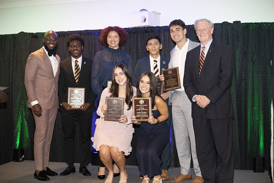 (Back Row from L to R) Chris Graham, Carter Mareus - Alpha Phi Alpha Fraternity, Inc., Alyssa Lamadriz - Sigma Gamma Rho Sorority, Inc., Jorge Serrano - Phi Iota Alpha, Michael Oded - Sigma Alpha Epsilon, President John Thrasher (Front Row) Amanda Green - Phi Mu and Sophia Pacheco - Kappa Alpha Theta (Not Pictured) Zachary Wollermann - Kappa Alpha, Fraternity, Inc.