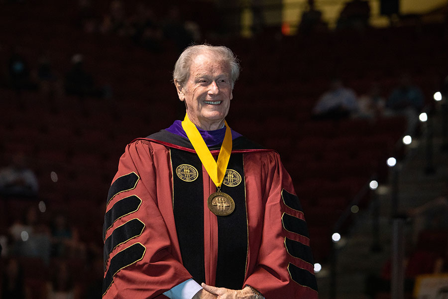 President John Thrasher prepares to greet graduates during a special in-person commencement ceremony for the Class of 2020 Saturday, May 22, 2021, at the Donald L. Tucker Civic Center. (FSU Photography Services)